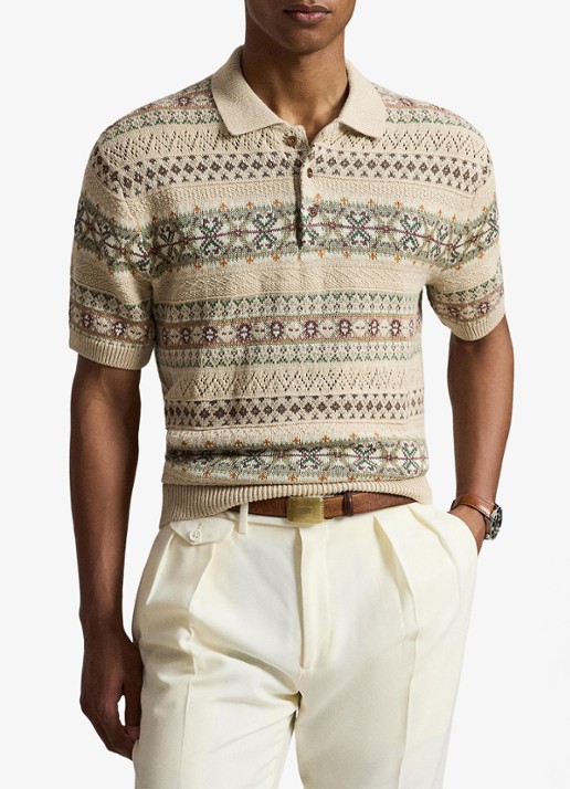 Ralph Lauren Fair Isle fijngebreide slim fit polo in linnenblend met ingebreid patroon - voorkant 2 tan combo / beige
