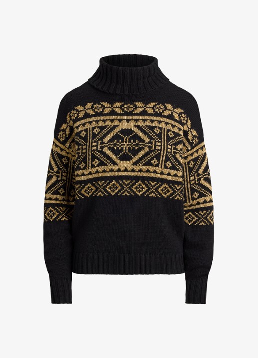 Ralph Lauren Fair Isle grofgebreide trui in wolblend met col - voorkant 3 black - relic gold metallic / zwart - goud