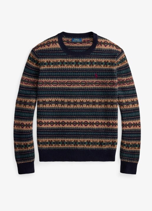 Ralph Lauren Fair Isle grofgebreide trui van wol met ingebreid patroon - voorkant navy combo / donkerblauw