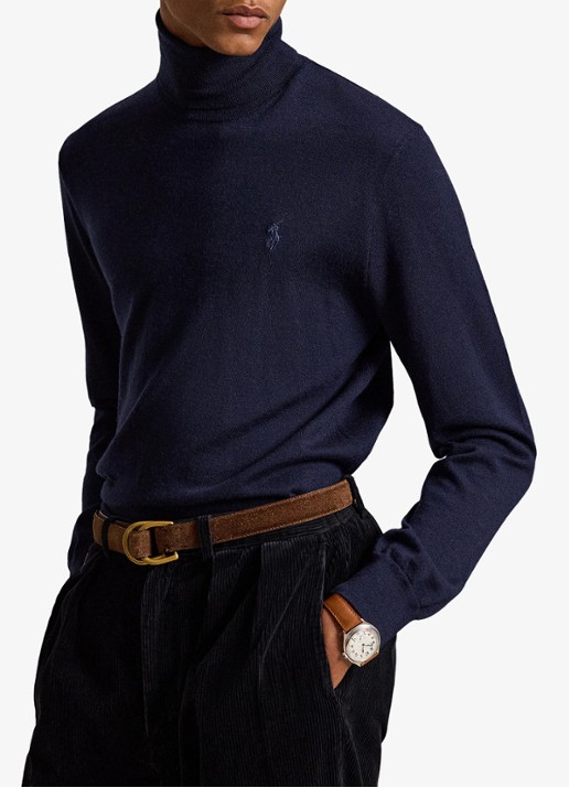 Ralph Lauren Fijngebreide coltrui van wol met logoborduring - voorkant 3 hunter navy / donkerblauw
