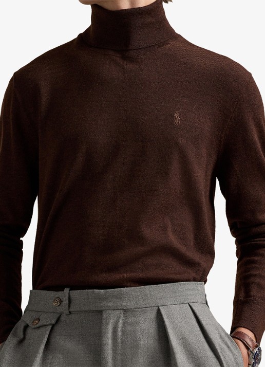 Ralph Lauren Fijngebreide coltrui van wol met logoborduring - detail 2 burnt brown melange / bruin