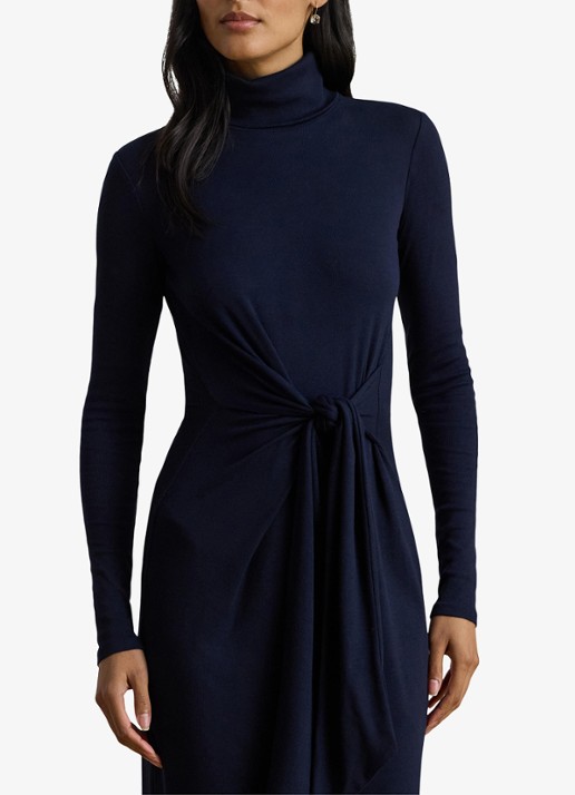 Ralph Lauren Fijngebreide midi jurk met col en strikdetail - detail 3 donkerblauw