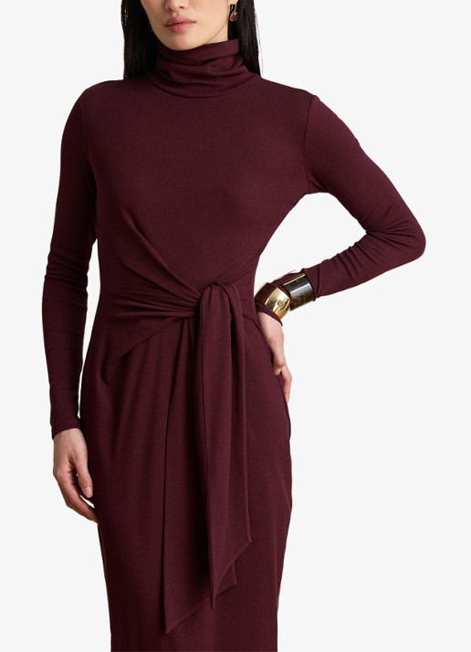 Ralph Lauren Fijngebreide midi jurk met col en strikdetail - detail 3 dark garnet / bordeauxrood