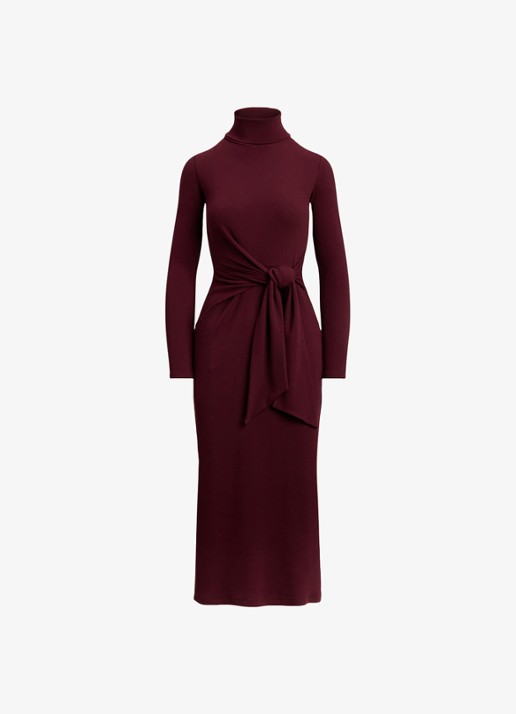Ralph Lauren Fijngebreide midi jurk met col en strikdetail - voorkant dark garnet / bordeauxrood