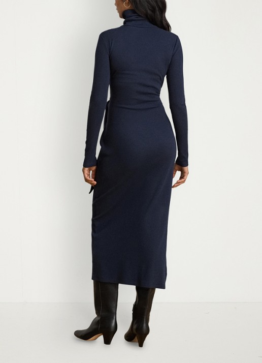 Ralph Lauren Fijngebreide midi jurk met col en strikdetail - achterkant 5 lauren navy / blauw