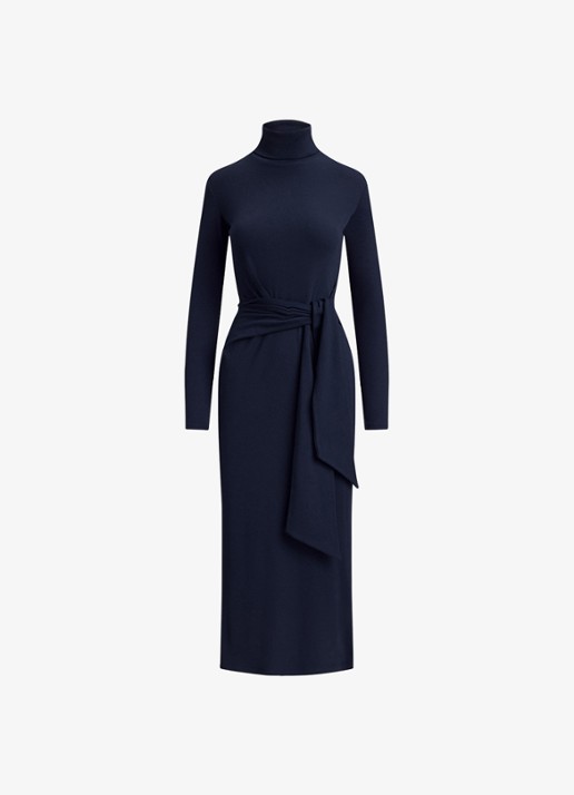 Ralph Lauren Fijngebreide midi jurk met col en strikdetail - voorkant 3 lauren navy / blauw