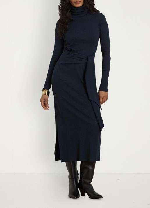 Ralph Lauren Fijngebreide midi jurk met col en strikdetail - voorkant 4 lauren navy / blauw