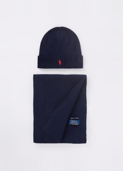 Ralph Lauren Fijngebreide muts en sjaal van wol in giftbox - detail donkerblauw