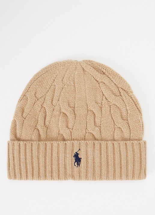 Ralph Lauren Fijngebreide muts met logo  - voorkant camel