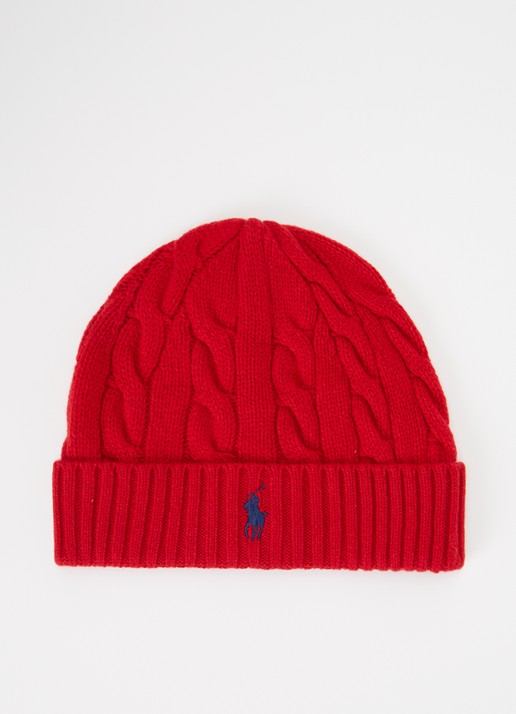 Ralph Lauren Fijngebreide muts met logo  - voorkant rood