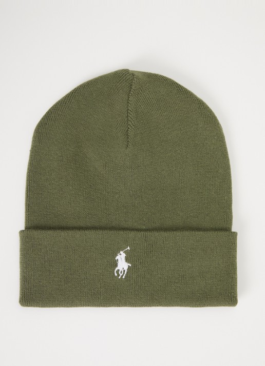 Ralph Lauren Fijngebreide muts met logo  - voorkant olijfgroen