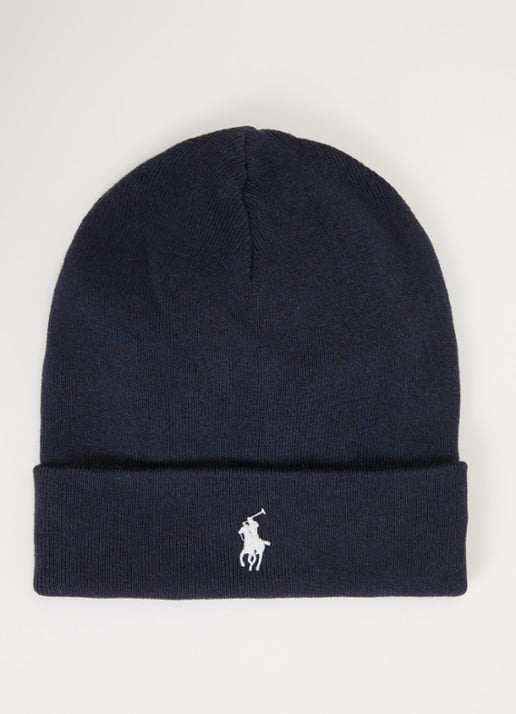Ralph Lauren Fijngebreide muts met logo  - voorkant donkerblauw