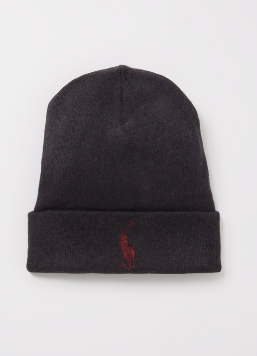 Ralph Lauren Fijngebreide muts met logoborduring  - voorkant grijs