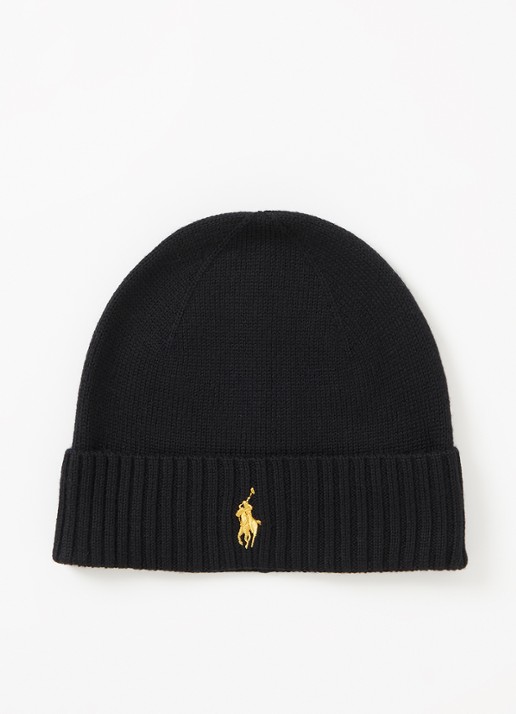 Ralph Lauren Fijngebreide muts van merinowol met logoborduring - voorkant zwart