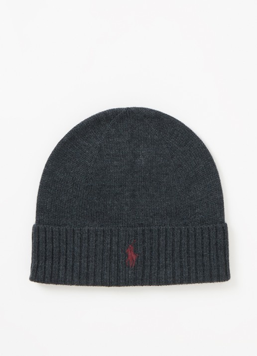 Ralph Lauren Fijngebreide muts van merinowol met logoborduring - voorkant antraciet