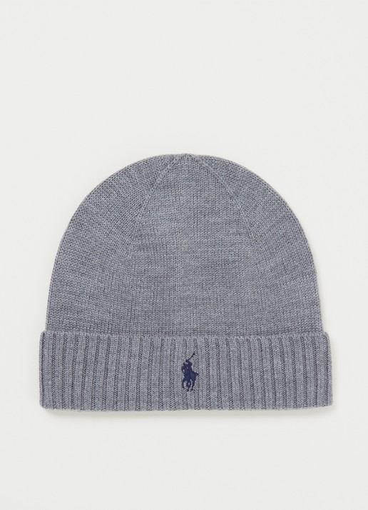 Ralph Lauren Fijngebreide muts van merinowol met logoborduring - voorkant grijs