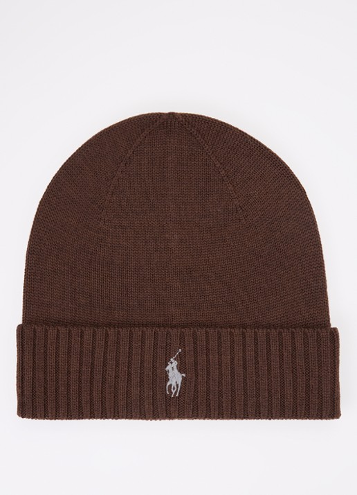 Ralph Lauren Fijngebreide muts van merinowol met logoborduring - voorkant bruin