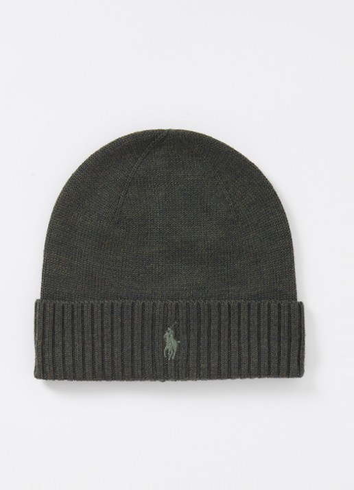 Ralph Lauren Fijngebreide muts van merinowol met logoborduring - voorkant legergroen