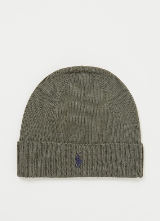 Ralph Lauren Fijngebreide muts van merinowol met logoborduring - voorkant bronsgroen
