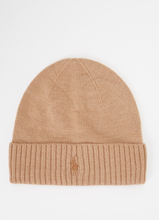 Ralph Lauren Fijngebreide muts van wol met logoborduring - voorkant camel