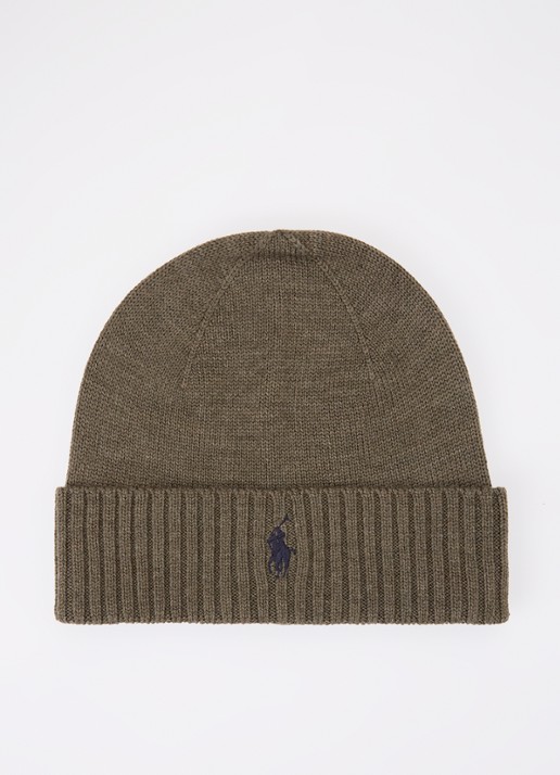 Ralph Lauren Fijngebreide muts van wol met logoborduring - voorkant groen