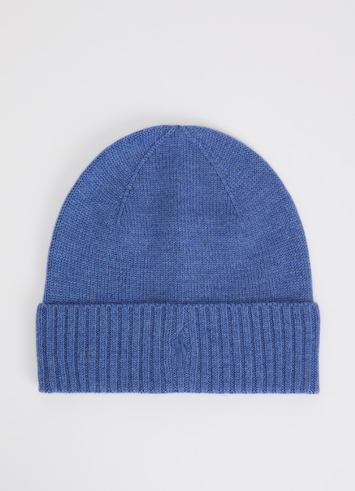 Ralph Lauren Fijngebreide muts van wol met logoborduring - voorkant blauw