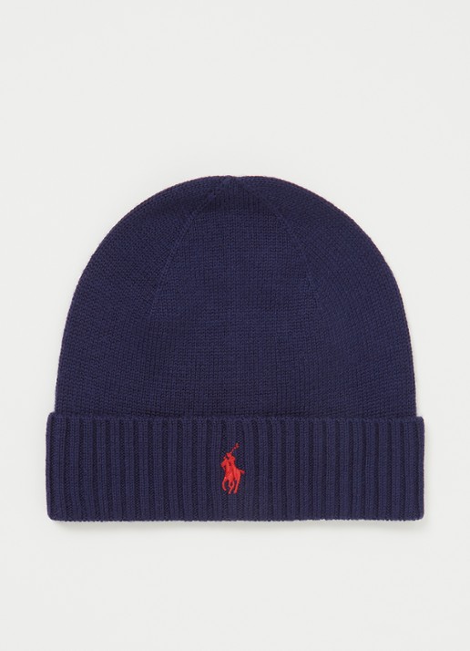 Ralph Lauren Fijngebreide muts van wol met logoborduring - voorkant blauw