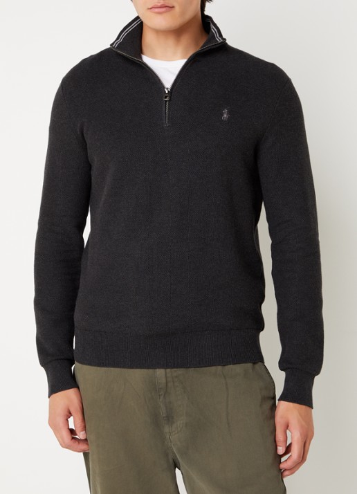 Ralph Lauren Fijngebreide pullover met halve rits en logoborduring - detail dark granite hthr / donkergrijs