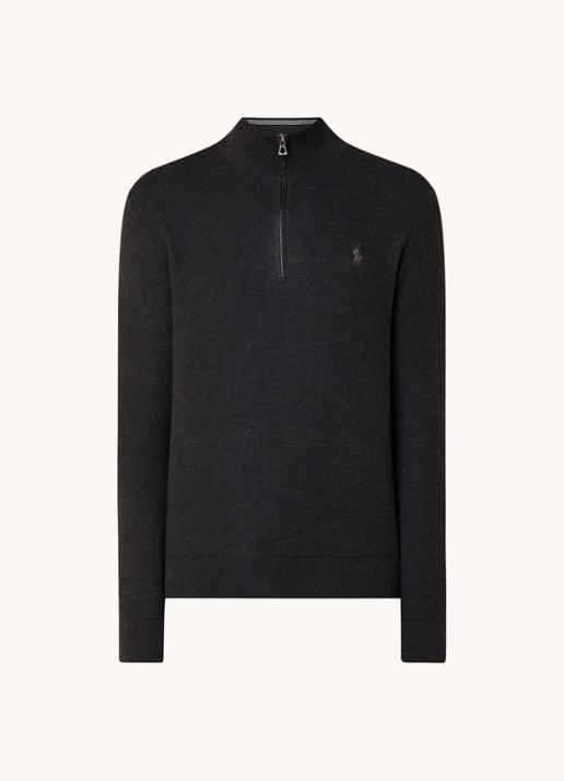 Ralph Lauren Fijngebreide pullover met halve rits en logoborduring - voorkant 3 dark granite hthr / donkergrijs