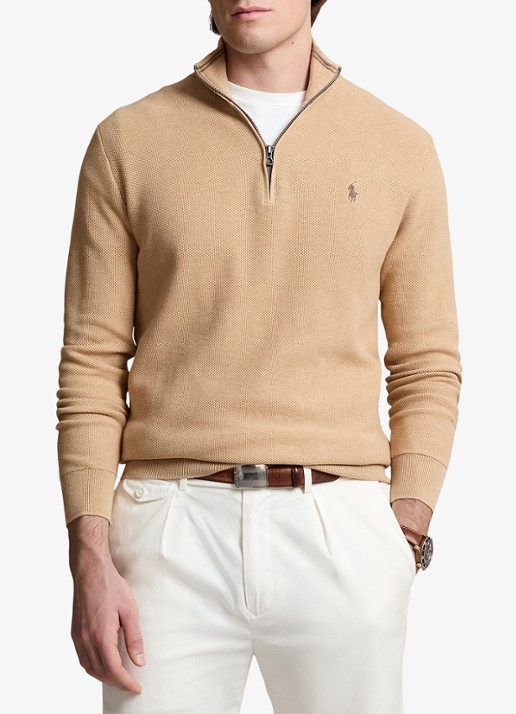 Ralph Lauren Fijngebreide pullover met halve rits en logoborduring - detail camel melange / beige