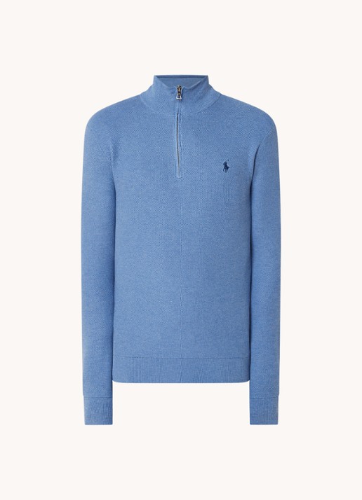 Ralph Lauren Fijngebreide pullover met halve rits en logoborduring - voorkant blue stone hthr / blauw