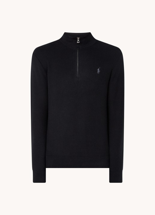 Ralph Lauren Fijngebreide pullover met halve rits en logoborduring - voorkant 3 polo black/tonal purple / zwart