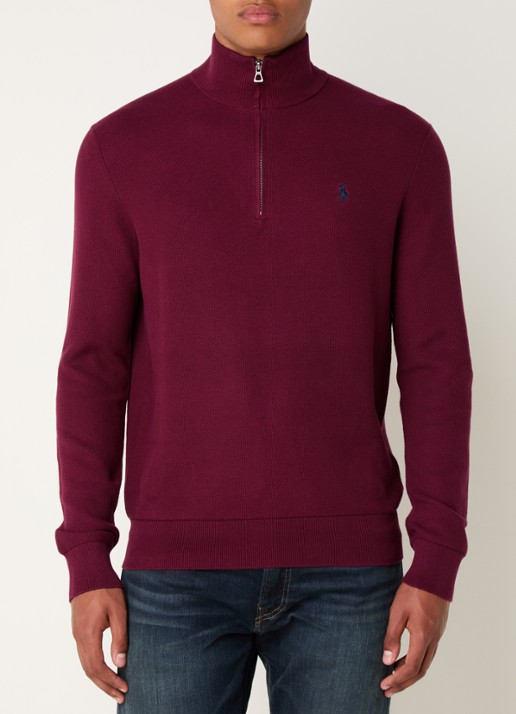 Ralph Lauren Fijngebreide pullover met halve rits en logoborduring - detail damson red / rood