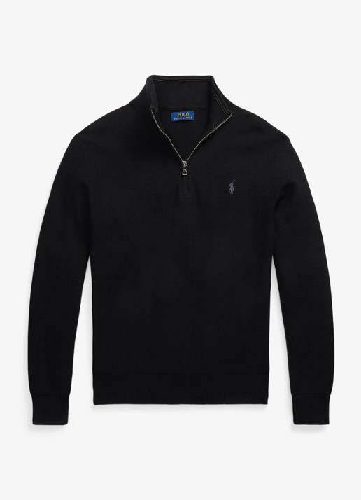 Ralph Lauren Fijngebreide pullover met halve rits en logoborduring - voorkant polo black/tonal purple / zwart