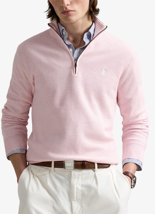 Ralph Lauren Fijngebreide pullover met halve rits en logoborduring - detail ballet pink heather / roze