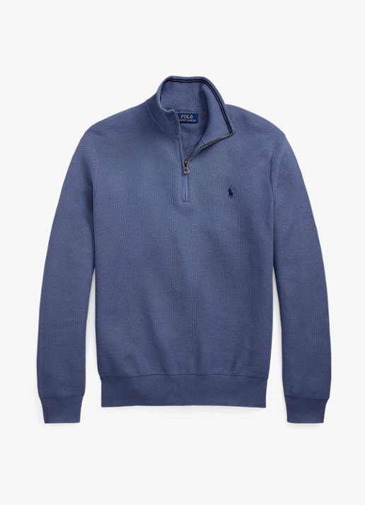 Ralph Lauren Fijngebreide pullover met halve rits en logoborduring - voorkant capri blue / blauw