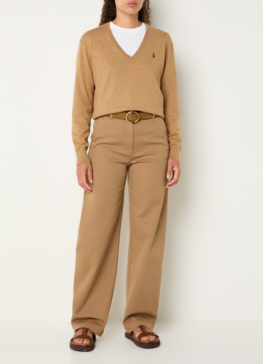 Ralph Lauren Fijngebreide pullover met V-hals en logoborduring - voorkant 2 camel