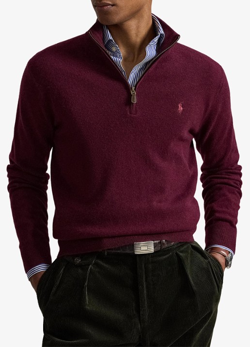 Ralph Lauren Fijngebreide pullover van wol met halve rits - voorkant 2 aged wine heather / wijnrood