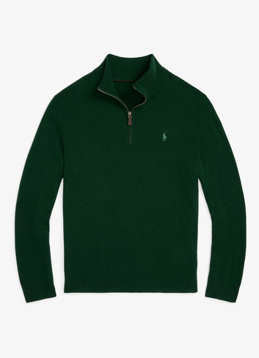 Ralph Lauren Fijngebreide pullover van wol met halve rits - voorkant moss agate / donkergroen