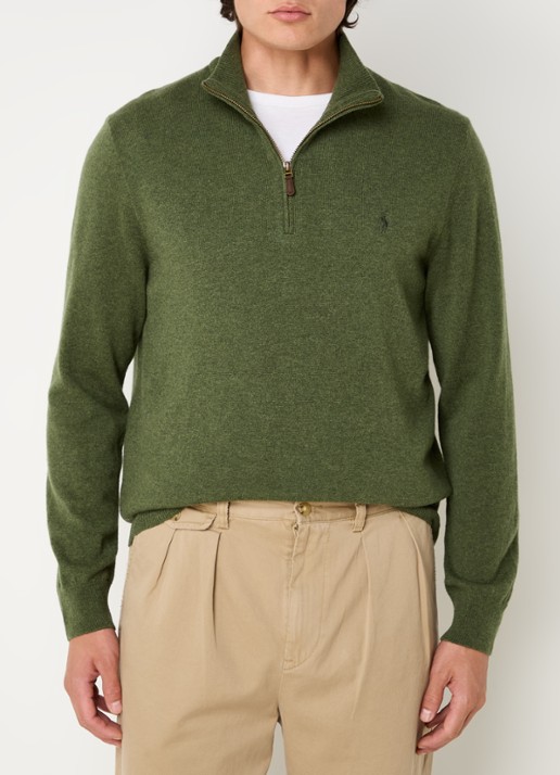 Ralph Lauren Fijngebreide pullover van wol met halve rits - detail bronsgroen