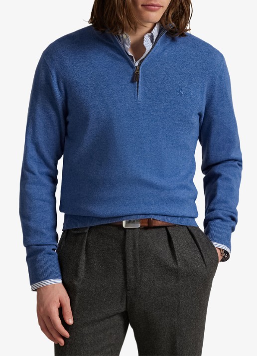 Ralph Lauren Fijngebreide pullover van wol met halve rits - detail tide pool blue hthr / blauw