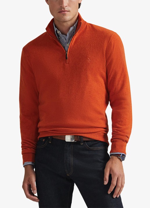 Ralph Lauren Fijngebreide pullover van wol met halve rits - detail dark jaffa orange htr / oranje