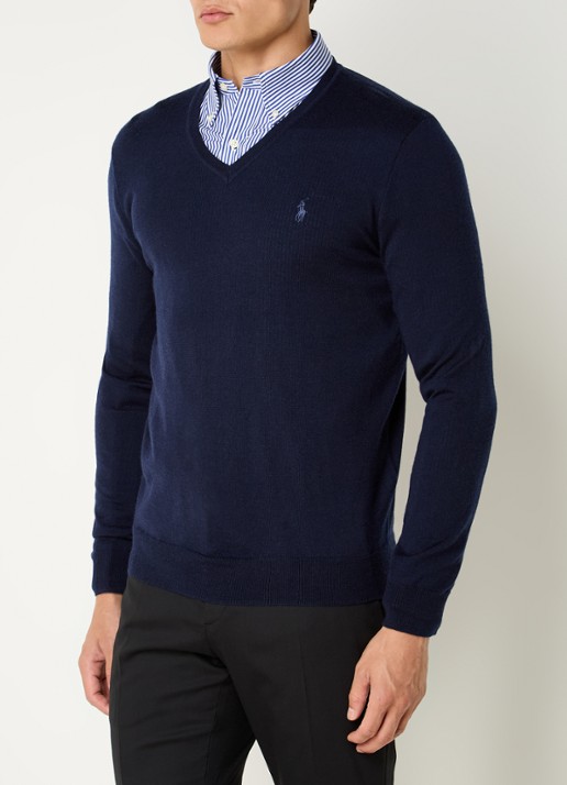 Ralph Lauren Fijngebreide pullover van wol met logoborduring - detail blauw