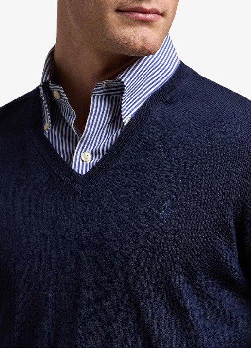 Ralph Lauren Fijngebreide pullover van wol met V-hals - detail 4 blauw