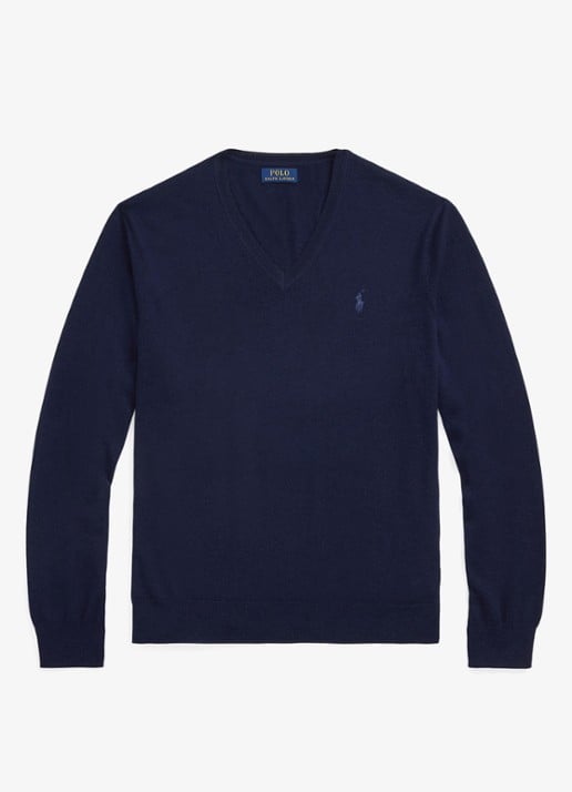 Ralph Lauren Fijngebreide pullover van wol met V-hals - voorkant blauw
