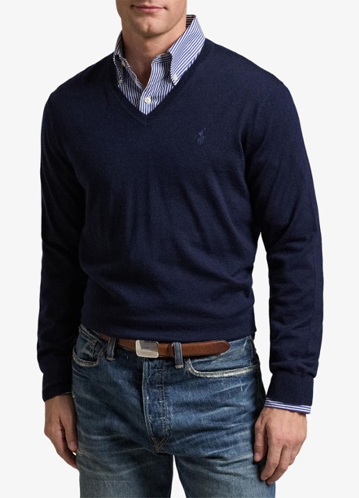 Ralph Lauren Fijngebreide pullover van wol met V-hals - voorkant 2 blauw