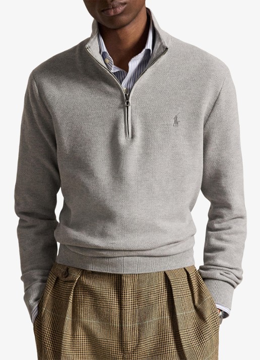 Ralph Lauren Fijngebreide trui met halve rits en logoborduring - voorkant 4 andover heather / grijs