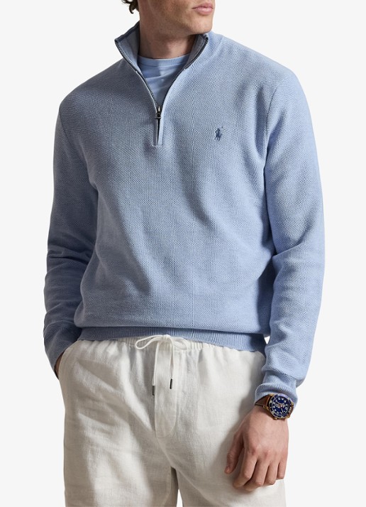Ralph Lauren Fijngebreide trui met halve rits en logoborduring - detail 4 blue hyacith heather / blauw