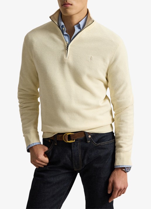 Ralph Lauren Fijngebreide trui met halve rits en logoborduring - voorkant 4 andover cream / crème