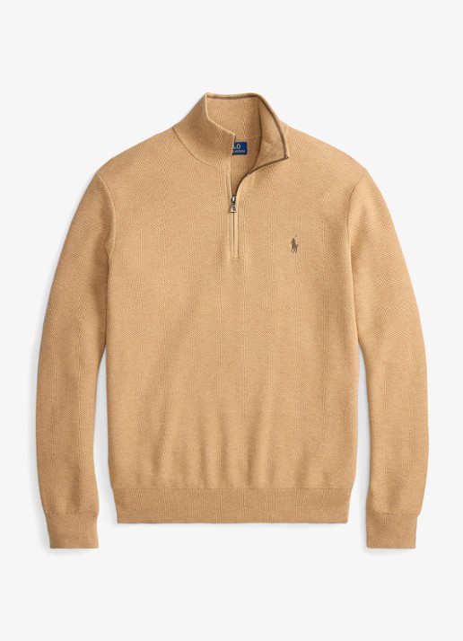 Ralph Lauren Fijngebreide trui met halve rits en logoborduring - voorkant camel melange / bruin